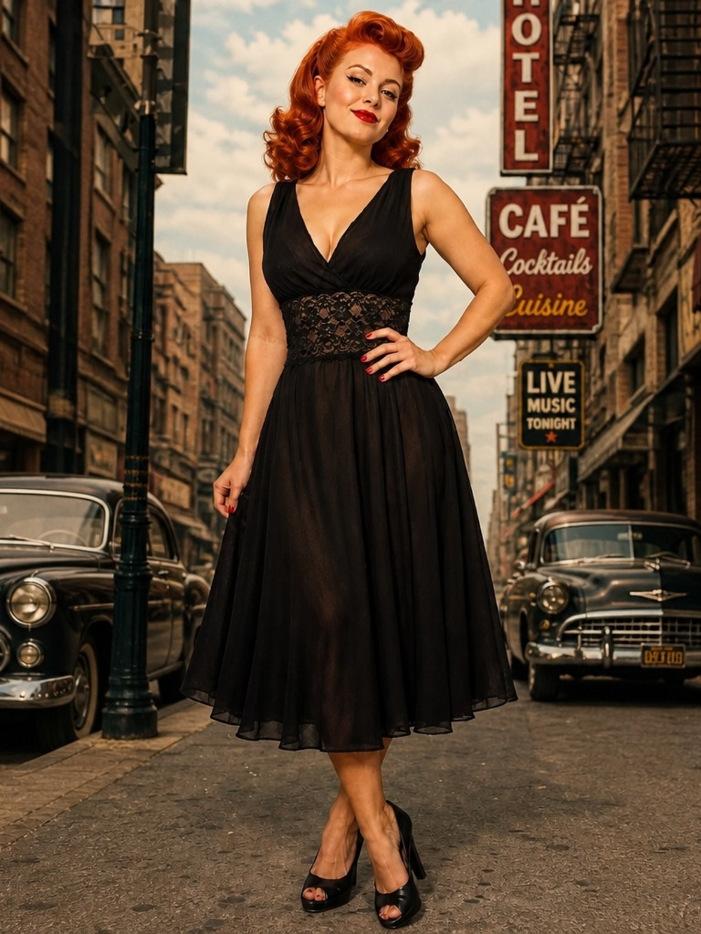 connected apparel Black V-Neck Lace-Waist Midi Dress